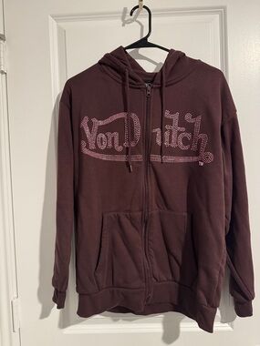 Von Dutch Maroon Zip Hoodie with Pink Stud Logo